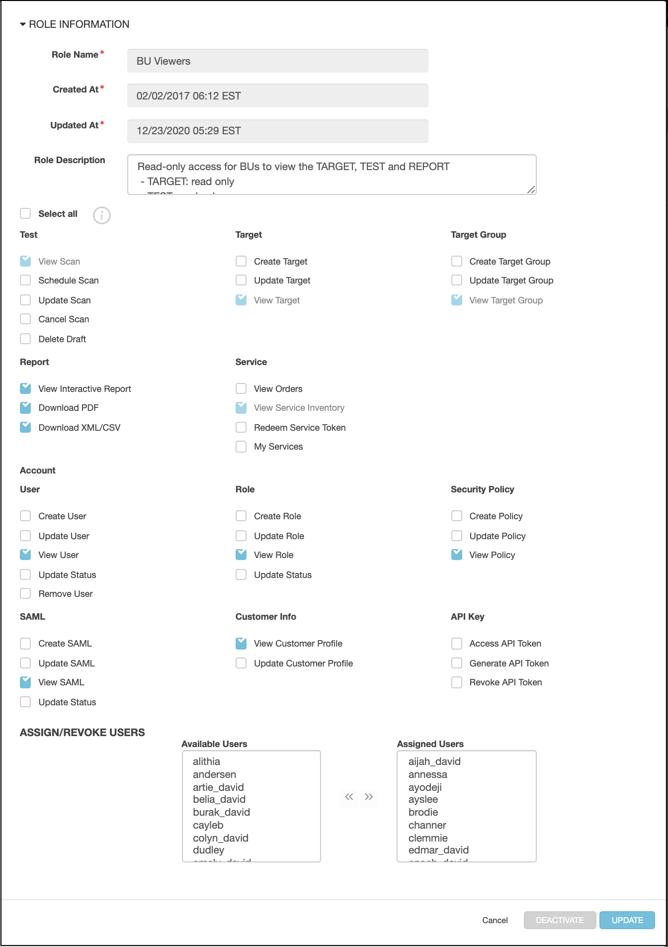 Admin view of the Role Information page