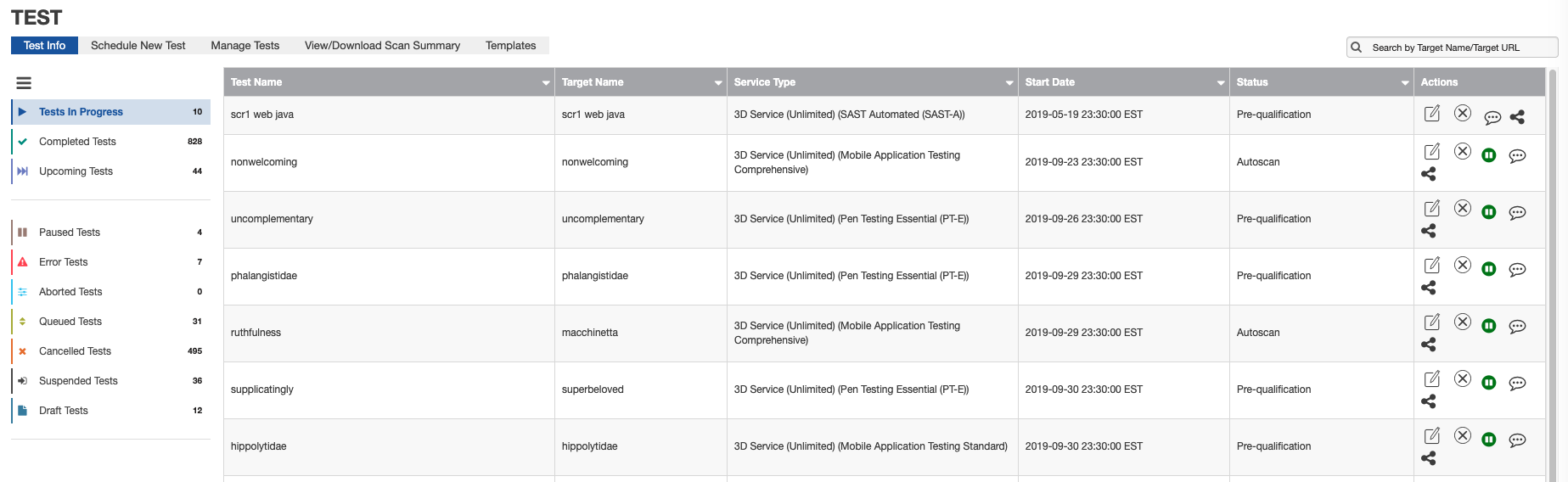 Upcoming Tests page