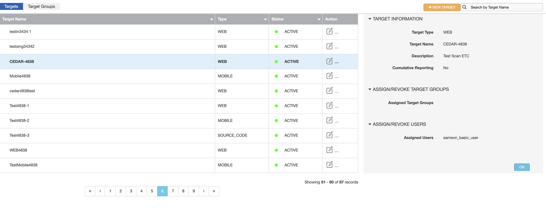 TARGET panel and +Target button