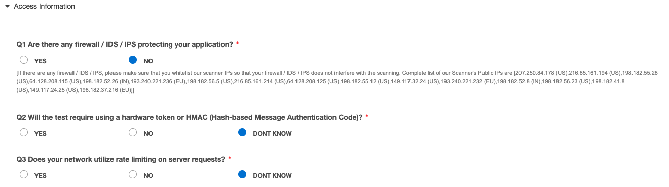Access Information page for Web targets