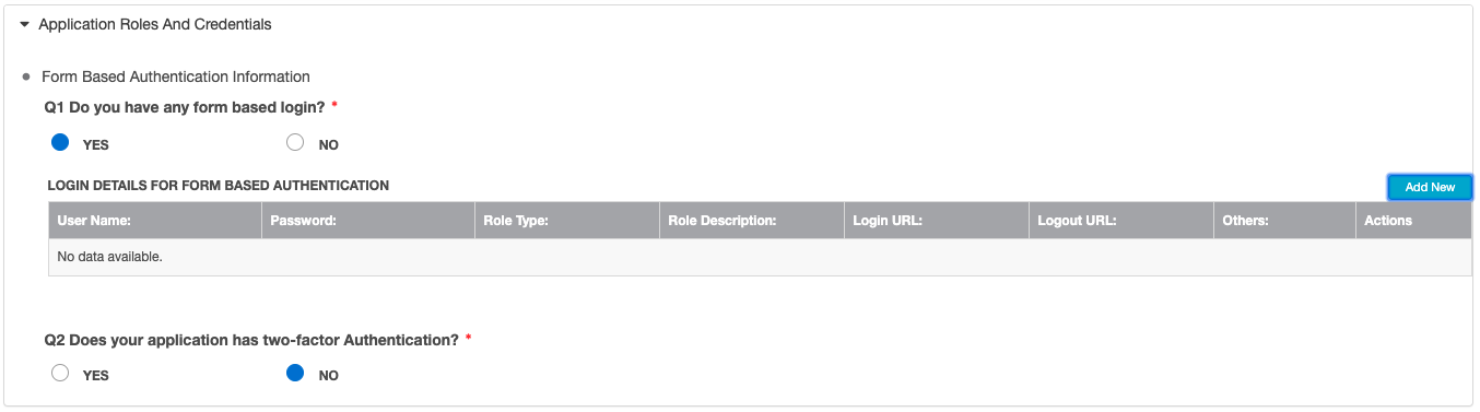 Roles and Credentials page for Web targets