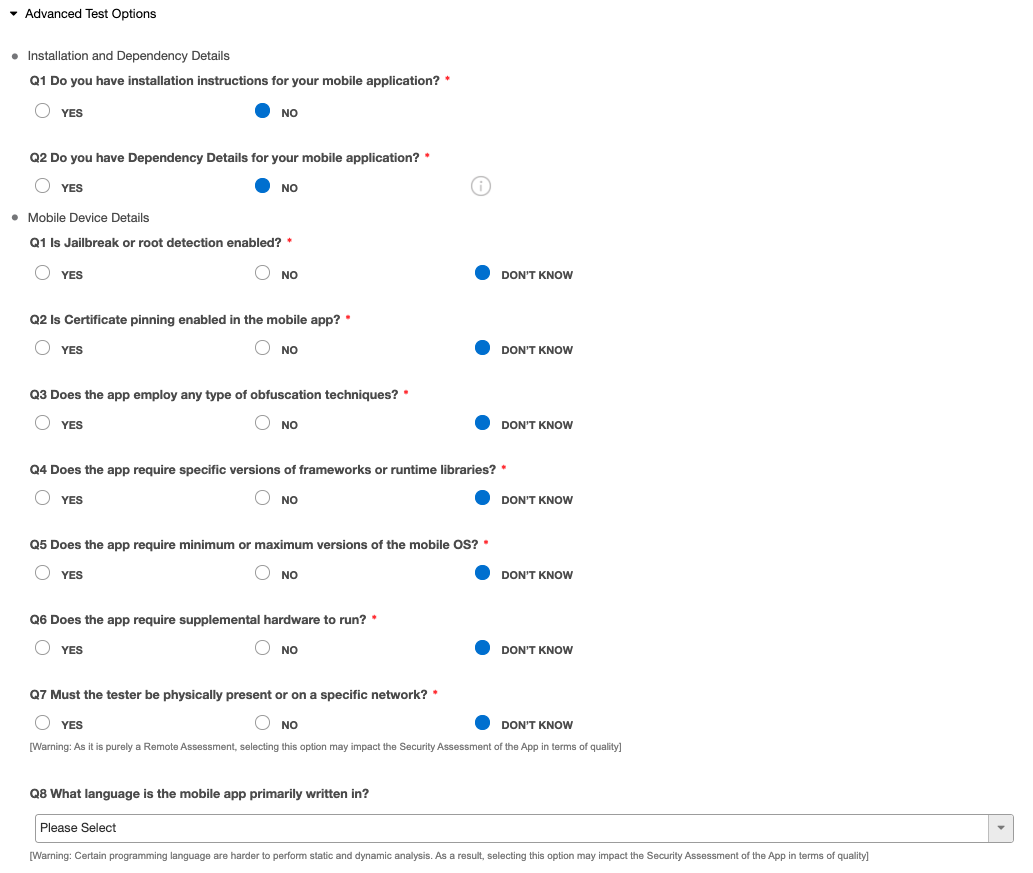 Advanced Test Options page for mobile app targets
