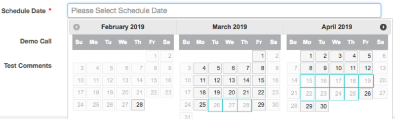 Pop-up calendar for choosing the start date for a test