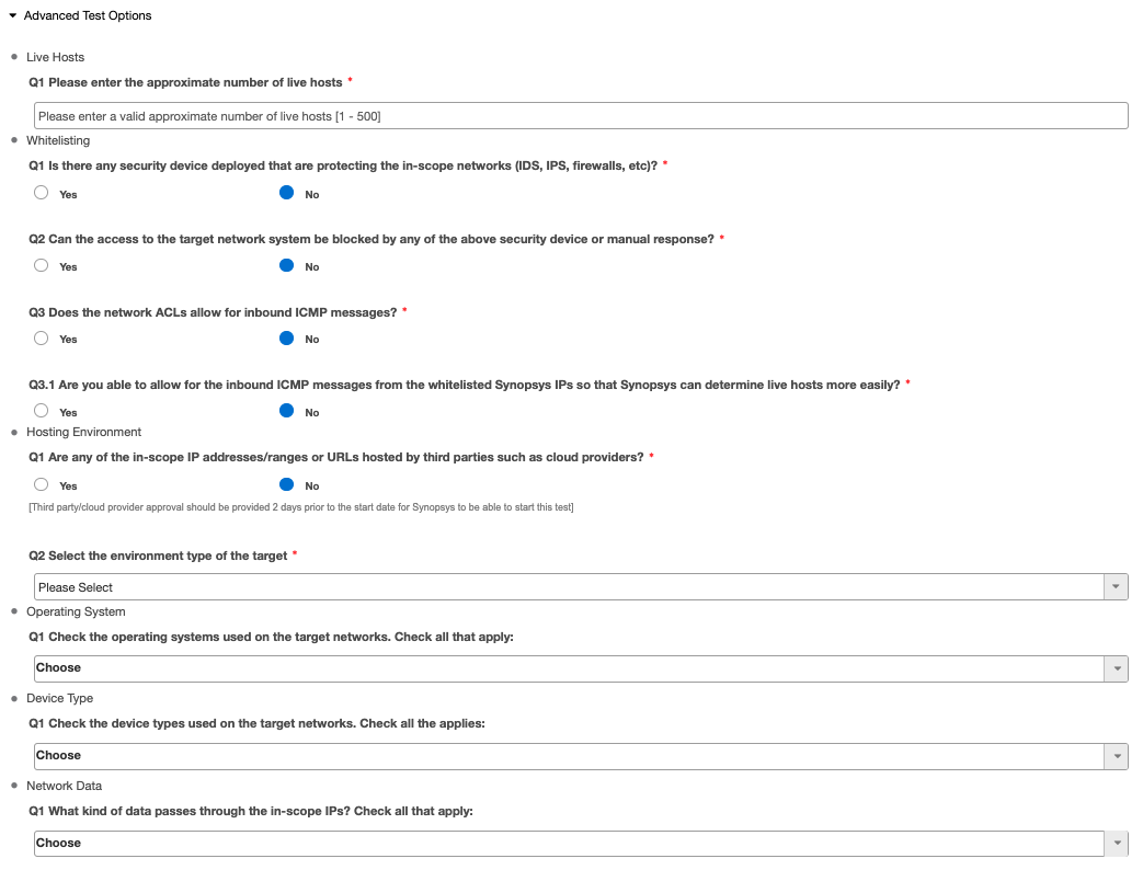 Advanced Test Options page for network targets