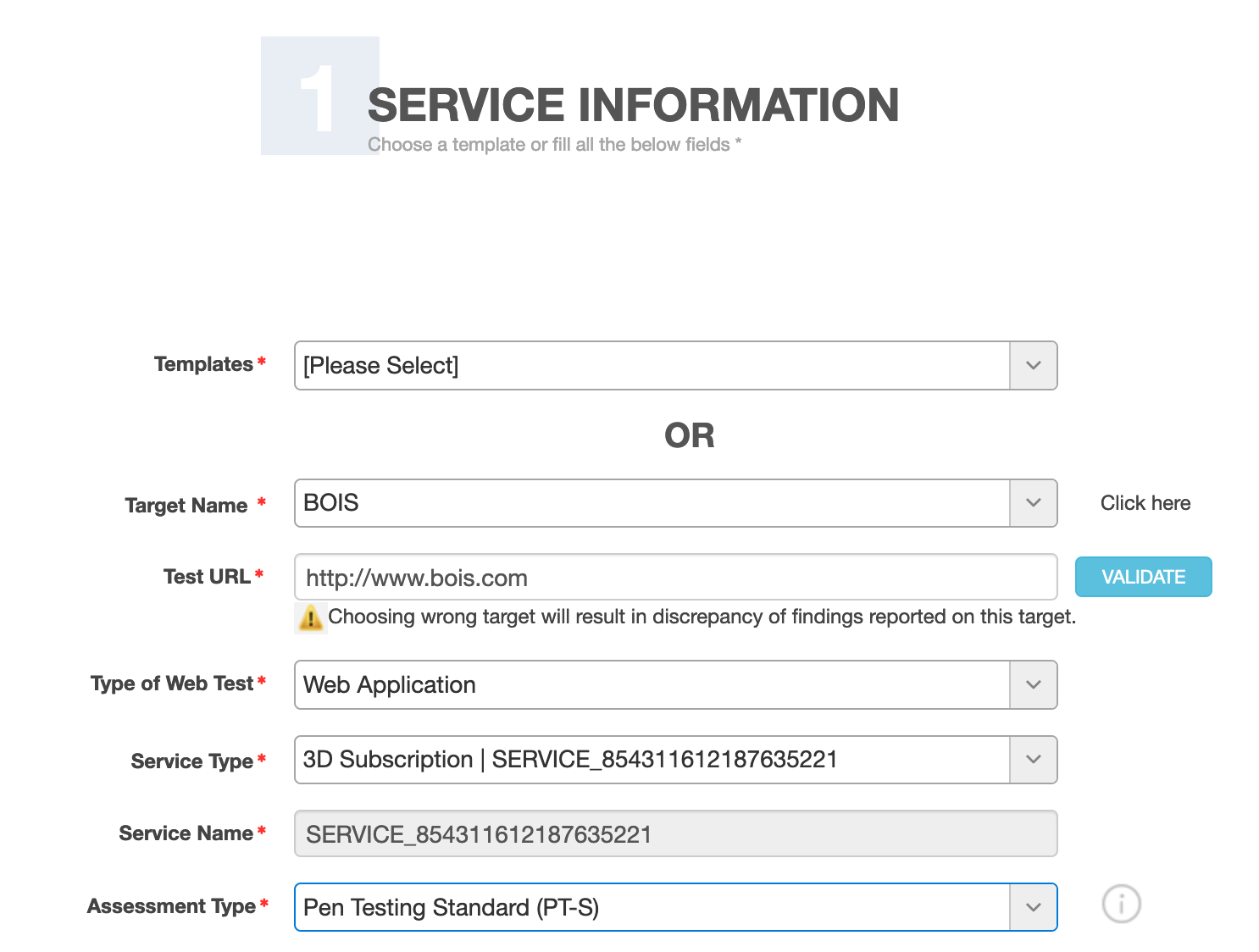 Initial Service Information page
