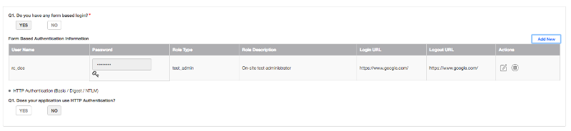 Roles and Credentials page for Web targets