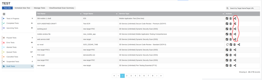 Link sharing feature for draft test scheduling form