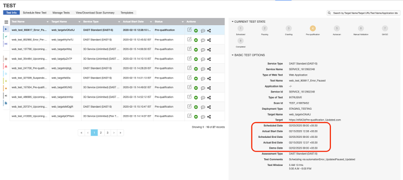 Schedule information displayed in the Test Info page