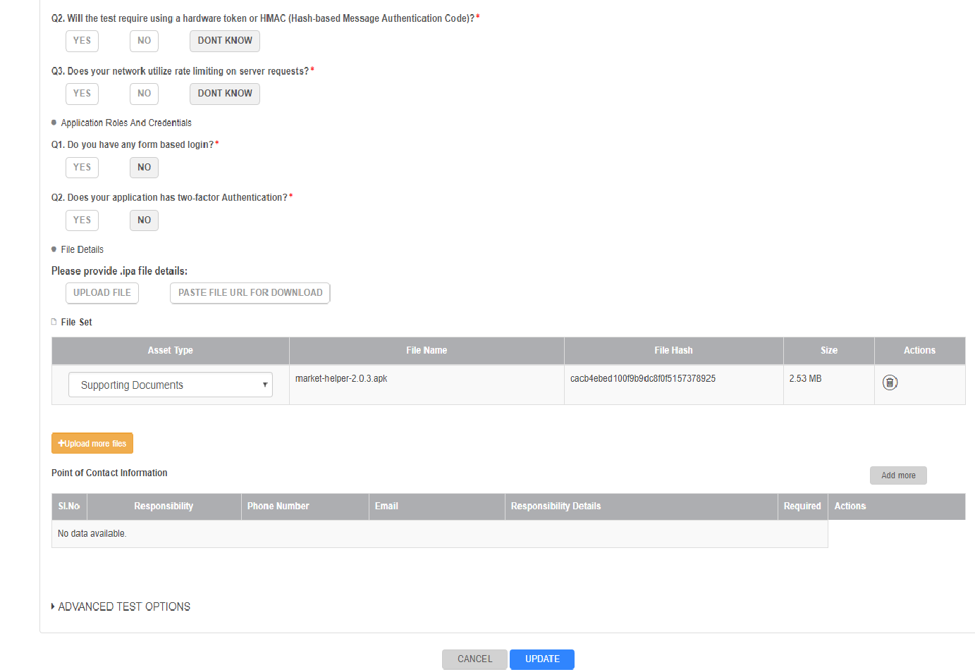 Update Test Schedule Form dialog