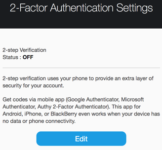 2FA Settings dialog box