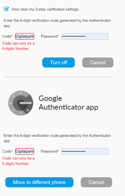 2FA Settings dialog box