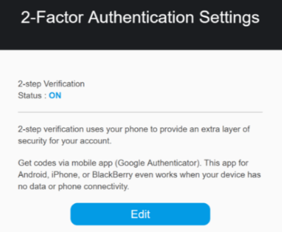 2FA Settings dialog box