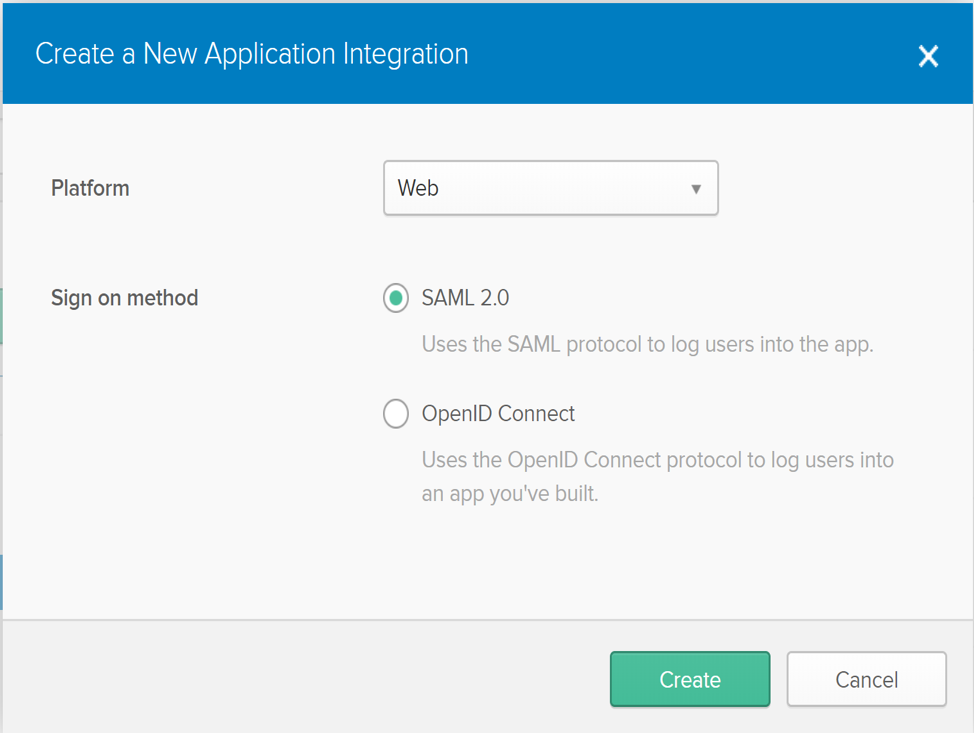 Create a New Application Integration dialog in Okta