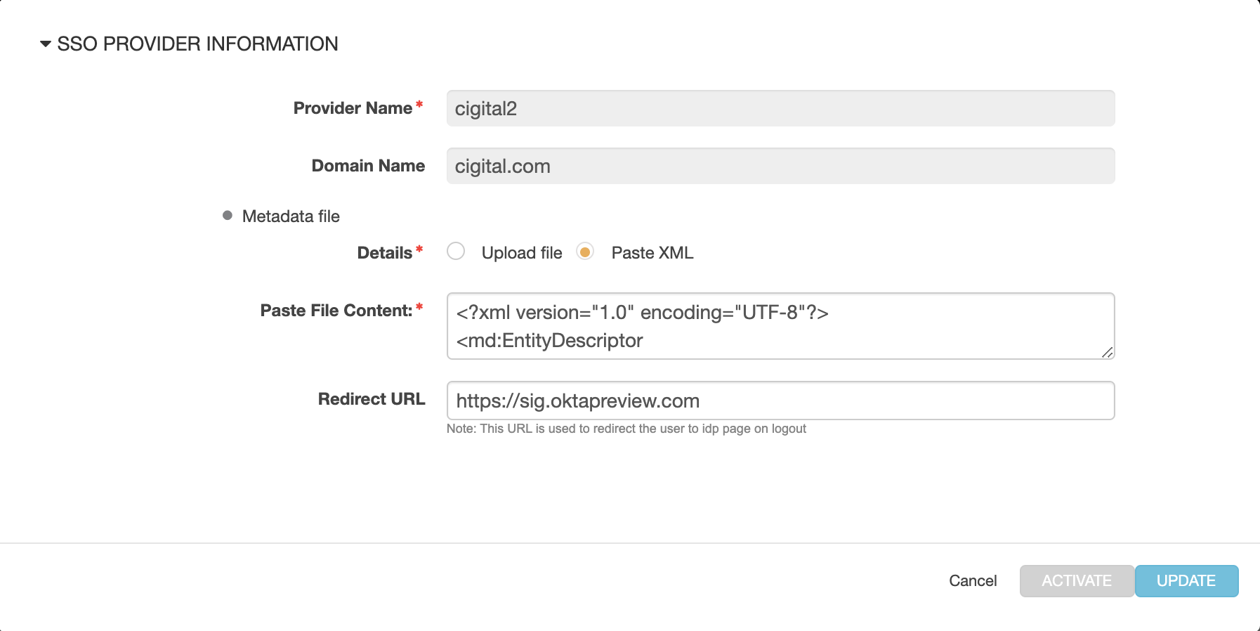 ACTIVATE button on SSO PROVIDER INFORMATION form