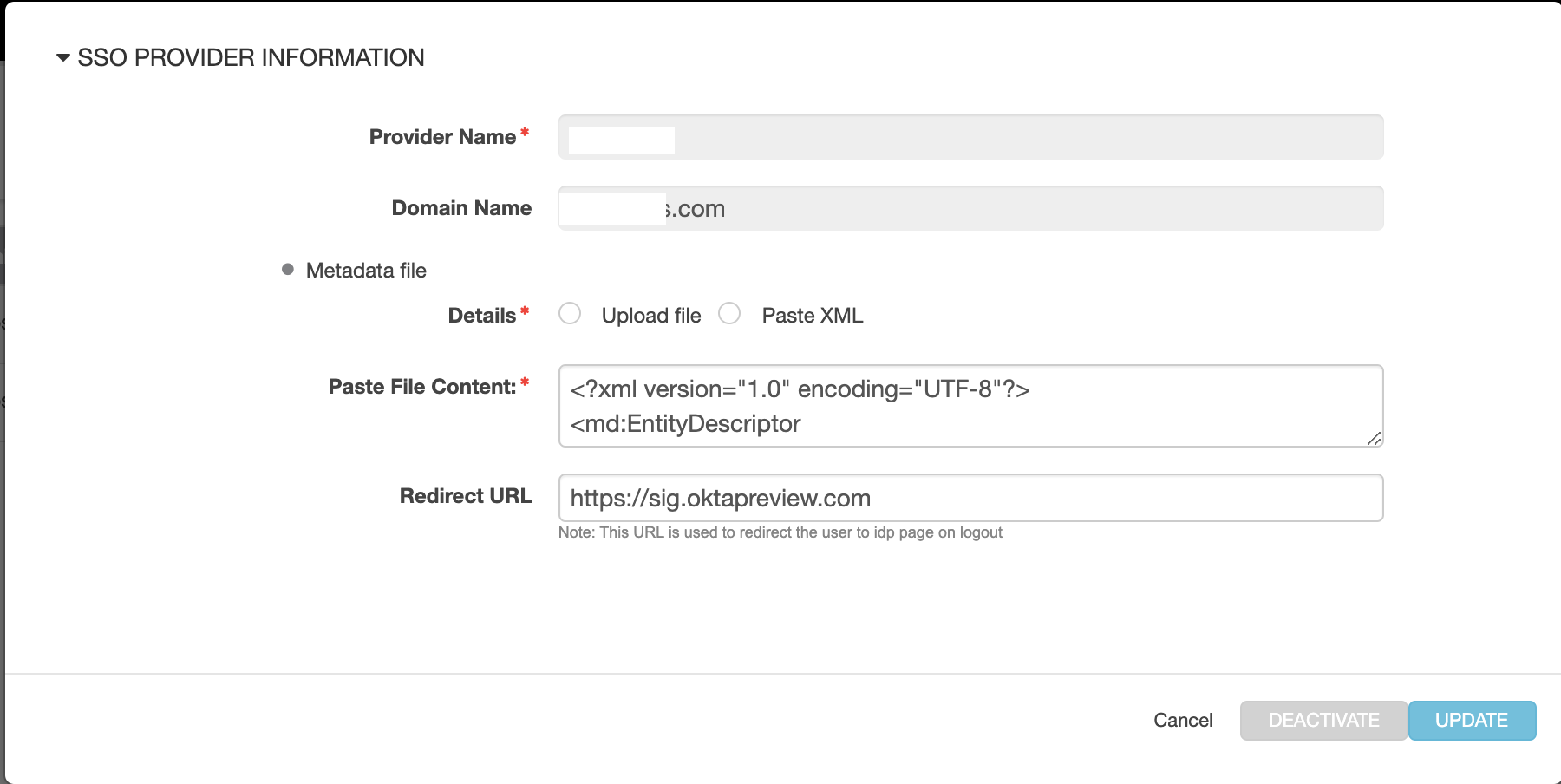 SSO PROVIDER INFORMATION form after clicking Update IDP